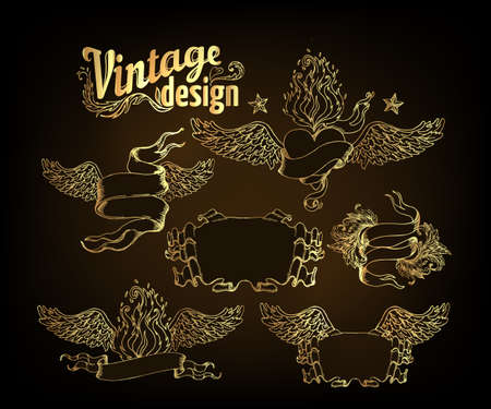 Vintage design elements set. Ribbons. Vector illustration. Gold on black.のイラスト素材