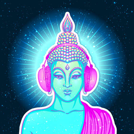 Modern Buddha listening to the music in headphones in neon colors isolated on white. Vector illustration. Vintage psychedelic composition. Indian, Buddhism, trance music. Sticker, patch design.のイラスト素材