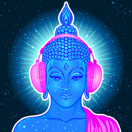 Modern Buddha listening to the music in headphones in neon colors isolated on white. Vector illustration. Vintage psychedelic composition. Indian, Buddhism, trance music. Sticker, patch design.のイラスト素材