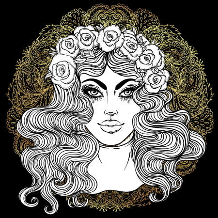 Madonna, Lady of Sorrow. Devotion to the Immaculate Heart of Blessed Virgin Mary, Queen of Heaven. Vector illustration isolated. Coloring book for adults. Tattoo design.のイラスト素材