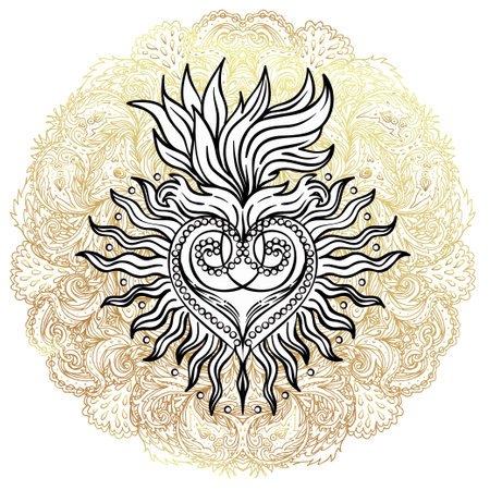 Sacred Heart of Jesus with rays. Vector illustration black isolated on white. Trendy Vintage style element. Spirituality, occultism, alchemy, magic, love. Coloring book for adults.のイラスト素材