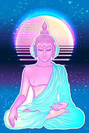 Modern Buddha listening to the music in headphones in neon colors isolated on white. Vector illustration. Vintage psychedelic composition. Indian, Buddhism, trance music. Sticker, patch design.のイラスト素材