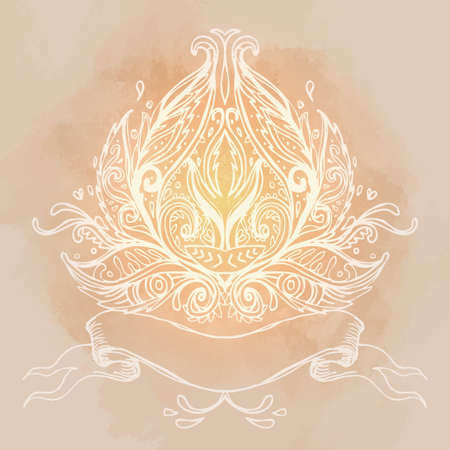 Vector ornamental Lotus flower, ethnic art, patterned Indian paisley. Hand drawn illustration. Invitation element. Tattoo, astrology, alchemy, boho and magic symbol.のイラスト素材