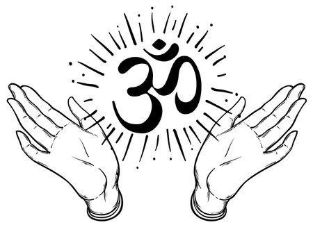 Illustration of two hands showing om sign. Dotwork ink tattoo flash design. Vector illustration isolated on white. Astrology, Sacred Spirit. Hinduism.のイラスト素材