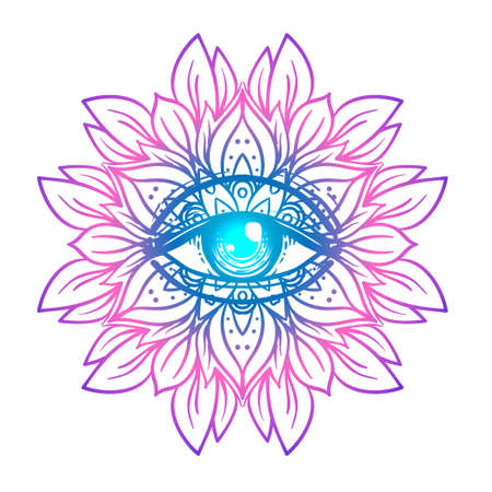 Sacred geometry symbol with all seeing eye in acid colors. Mystic, alchemy, occult concept. Design for indie music cover, t-shirt print, psychedelic poster, flyer. Astrology, esoteric, religion.のイラスト素材