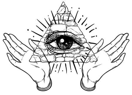 Female hands open around masonic symbol. New World Order. Hand-drawn alchemy, religion, spirituality, occultism. Black and white vector illustration in vintage style isolated on white.のイラスト素材