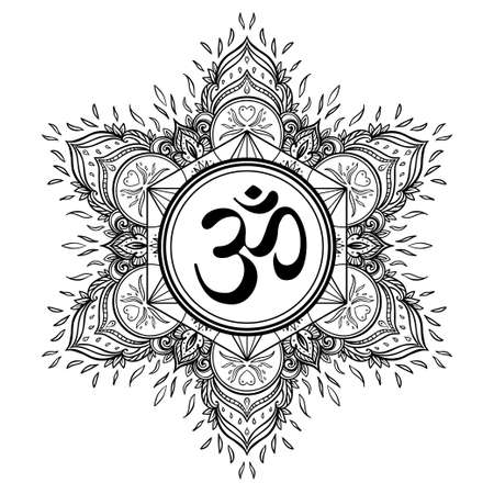 Diwali Om symbol with mandala . Round Pattern. Vintage style decorative vector elements. Hand drawn background. Indian, Great design for tattoo, yoga studio, spirituality concepts, trendy textiles.のイラスト素材