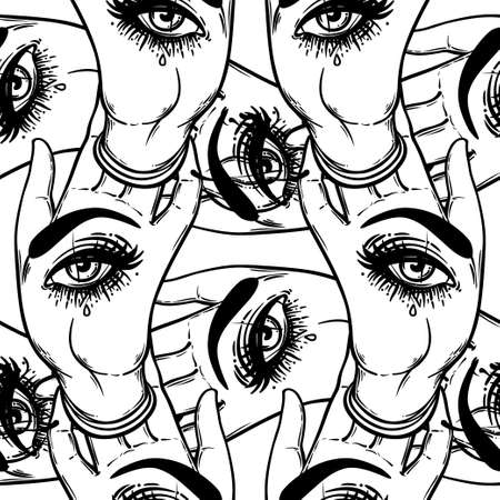 Seamless pattern with hands with the all-seeing eye on the palm. Occult design vector illustration. Ink tattoo flash design. Vector illustration. Astrology, Sacred Spirit. Masonic sign.のイラスト素材