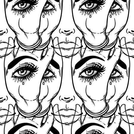Seamless pattern with hands with the all-seeing eye on the palm. Occult design vector illustration. Ink tattoo flash design. Vector illustration. Astrology, Sacred Spirit. Masonic sign.のイラスト素材