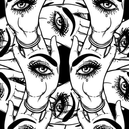Seamless pattern with hands with the all-seeing eye on the palm. Occult design vector illustration. Ink tattoo flash design. Vector illustration. Astrology, Sacred Spirit. Masonic sign.のイラスト素材