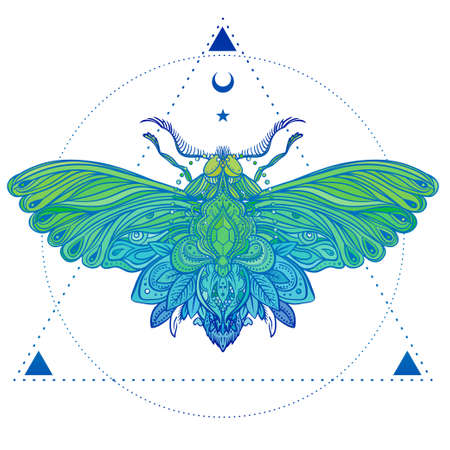 Colorful gradient decorative vector illustration of moth isolated on white over sacred geometry lines. Tattoo design. Coloring book for adults. Nature, spirituality, occultism, alchemy, magic concept.のイラスト素材