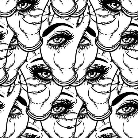 Seamless pattern with hands with the all-seeing eye on the palm. Occult design vector illustration. Ink tattoo flash design. Vector illustration. Astrology, Sacred Spirit. Masonic sign.のイラスト素材