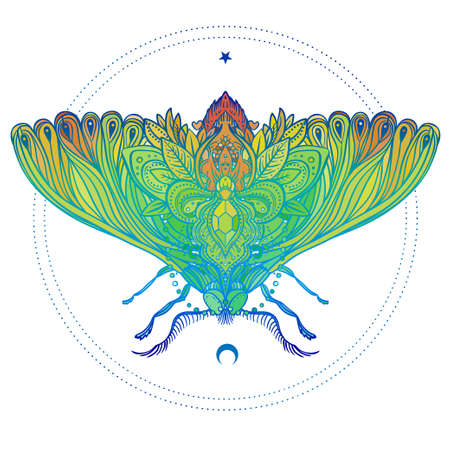 Colorful gradient decorative vector illustration of moth isolated on white over sacred geometry lines. Tattoo design. Coloring book for adults. Nature, spirituality, occultism, alchemy, magic concept.のイラスト素材