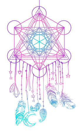 Native American Indian talisman dream catcher with Metatrons Cube, Flower of life, feathers, moon. Vector hipster illustration isolated on white. Ethnic design, boho, dreamcatcher tribal symbol.のイラスト素材