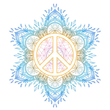 Peace symbol over decorative ornate background mandala round pattern. Boho, hippie style. Freedom, spirituality, occultism, textiles art. Vector illustration for t-shirt print isolated on background.のイラスト素材