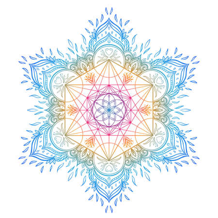 Decorative mandala round pattern with sacred geometry element Metatron Cube, powerful symbol, Flower of Life. Alchemy, philosophy, spirituality. Design music cover, t-shirt, poster, flyer. Astrology.のイラスト素材