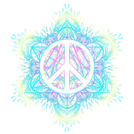 Peace symbol over decorative ornate background mandala round pattern. Boho, hippie style. Freedom, spirituality, occultism, textiles art. Vector illustration for t-shirt print isolated on background.のイラスト素材