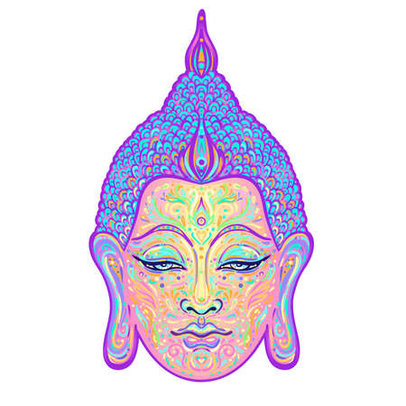 Ornate mandala patterned face of Lord Buddha. Esoteric vintage vector illustration. Indian, Buddhism, spiritual art. Hippie tattoo, spirituality, Thai god, yoga mat design.のイラスト素材