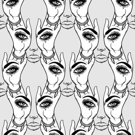 Seamless pattern with hands with the all-seeing eye on the palm. Occult design vector illustration. Ink tattoo flash design. Vector illustration. Astrology, Sacred Spirit. Masonic sign.のイラスト素材