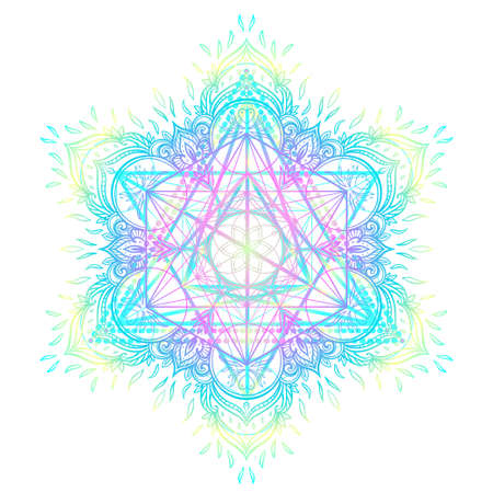 Decorative mandala round pattern with sacred geometry element Metatron Cube, powerful symbol, Flower of Life. Alchemy, philosophy, spirituality. Design music cover, t-shirt, poster, flyer. Astrology.のイラスト素材