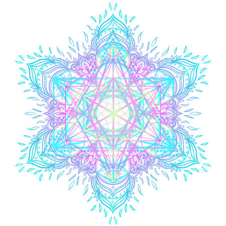 Decorative mandala round pattern with sacred geometry element Metatron Cube, powerful symbol, Flower of Life. Alchemy, philosophy, spirituality. Design music cover, t-shirt, poster, flyer. Astrology.のイラスト素材