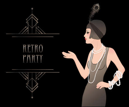 Flapper girl: Retro party invitation design template. Vector illustration.のイラスト素材