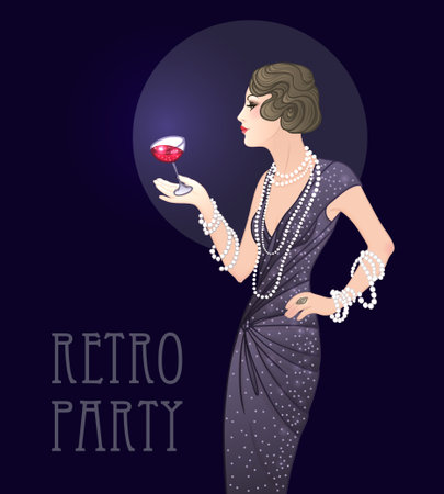Flapper girl: Retro party invitation design template. Vector illustration.のイラスト素材