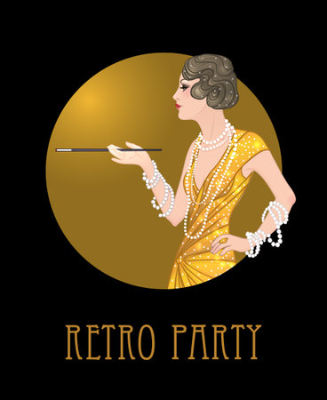 Flapper girl: Retro party invitation design template. Vector illustration.のイラスト素材