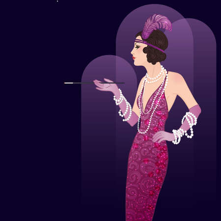 Flapper girl: Retro party invitation design template. Vector illustration.のイラスト素材