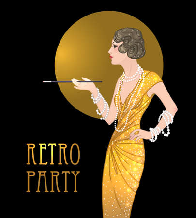 Flapper girl: Retro party invitation design template. Vector illustration.のイラスト素材