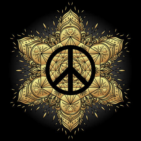 Peace symbol over decorative ornate background mandala round pattern. Boho, hippie style. Freedom, spirituality, occultism, textiles art. Vector illustration for t-shirt print isolated on background.のイラスト素材