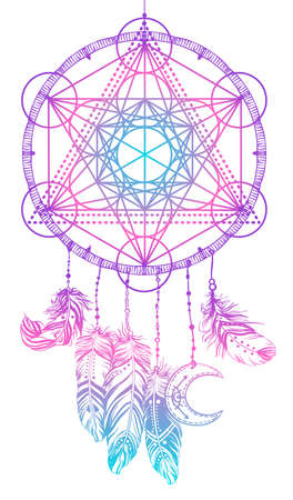 Native American Indian talisman dream catcher with Metatrons Cube, Flower of life, feathers, moon. Vector hipster illustration isolated on white. Ethnic design, boho, dreamcatcher tribal symbol.のイラスト素材