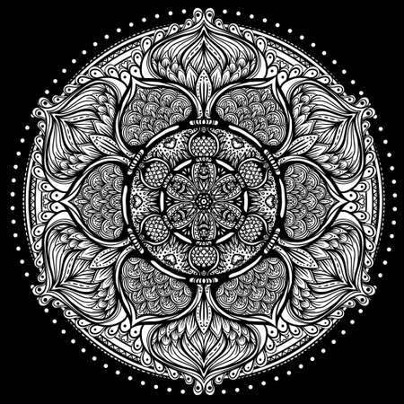 Vector ornamental mandala inspired ethnic art, patterned Indian paisley. Hand drawn illustration. Invitation element. Tattoo, astrology, alchemy, boho and magic symbol.のイラスト素材