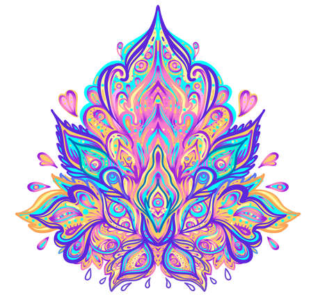 Vector ornamental Lotus floral design, ethnic art, patterned Indian paisley. Hand drawn illustration. Invitation element. Tattoo, astrology, alchemy, boho and magic symbol. Gradient over white.のイラスト素材
