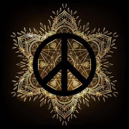 Peace symbol over decorative ornate background mandala round pattern. Boho, hippie style. Freedom, spirituality, occultism, textiles art. Vector illustration for t-shirt print isolated on background.のイラスト素材