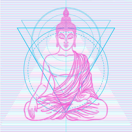 Sitting Buddha over colorful neon background. Vector illustration. Vintage decorative composition. Indian, Buddhism, Spiritual motifs. Tattoo, yoga, spirituality. Glitch corruption effect.のイラスト素材