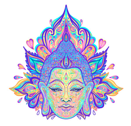 Ornate mandala patterned face of Lord Buddha. Esoteric vintage vector illustration. Indian, Buddhism, spiritual art. Hippie tattoo, spirituality, Thai god, yoga mat design.のイラスト素材