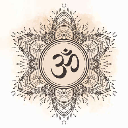 Diwali Om symbol with mandala . Round Pattern. Vintage style decorative vector elements. Hand drawn background. Indian, Great design for tattoo, yoga studio, spirituality concepts, trendy textiles.のイラスト素材