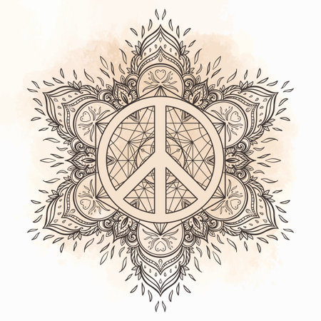 Peace symbol over decorative ornate background mandala round pattern. Boho, hippie style. Freedom, spirituality, occultism, textiles art. Vector illustration for t-shirt print isolated on background.のイラスト素材