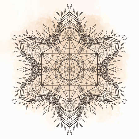 Decorative mandala round pattern with sacred geometry element Metatron Cube, powerful symbol, Flower of Life. Alchemy, philosophy, spirituality. Design music cover, t-shirt, poster, flyer. Astrology.のイラスト素材