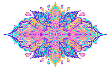 Vector ornamental Lotus floral design, ethnic art, patterned Indian paisley. Hand drawn illustration. Invitation element. Tattoo, astrology, alchemy, boho and magic symbol. Gradient over white.のイラスト素材