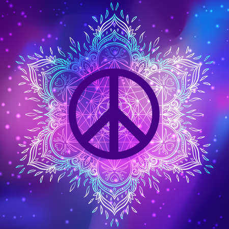 Peace symbol over decorative ornate background mandala round pattern. Boho, hippie style. Freedom, spirituality, occultism, textiles art. Vector illustration for t-shirt print isolated on background.のイラスト素材
