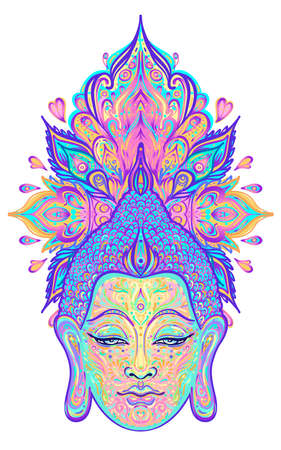 Ornate mandala patterned face of Lord Buddha. Esoteric vintage vector illustration. Indian, Buddhism, spiritual art. Hippie tattoo, spirituality, Thai god, yoga mat design.のイラスト素材