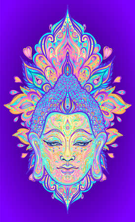 Ornate mandala patterned face of Lord Buddha. Esoteric vintage vector illustration. Indian, Buddhism, spiritual art. Hippie tattoo, spirituality, Thai god, yoga mat design.のイラスト素材
