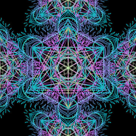 Sacred Geometry Symbols in Mandala seamless pattern. Vintage decorative elements. Hand drawn background. Islam, Arabic, Indian, ottoman motifs. Geometric circle element in vector. Kaleidoscope, yoga.のイラスト素材