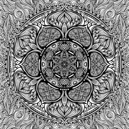 Vector ornamental mandala inspired ethnic art, patterned Indian paisley. Hand drawn illustration. Invitation element. Tattoo, astrology, alchemy, boho and magic symbol.のイラスト素材