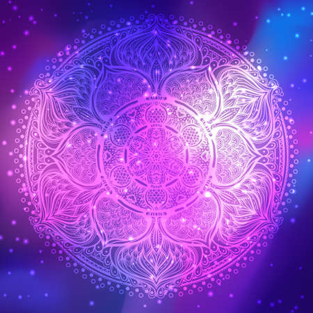 Vector ornamental mandala inspired ethnic art, patterned Indian paisley. Hand drawn illustration. Invitation element. Tattoo, astrology, alchemy, boho and magic symbol.のイラスト素材