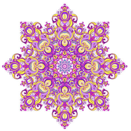 Vector ornamental mandala inspired ethnic art, patterned Indian paisley. Hand drawn illustration. Invitation element. Tattoo, astrology, alchemy, boho and magic symbol.のイラスト素材