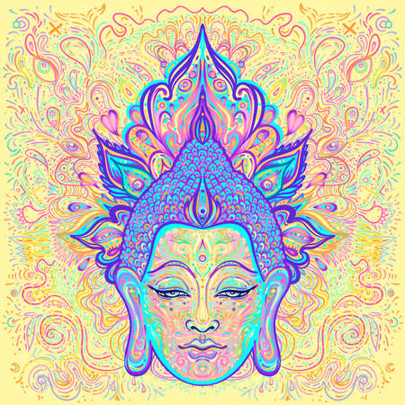 Ornate mandala patterned face of Lord Buddha. Esoteric vintage vector illustration. Indian, Buddhism, spiritual art. Hippie tattoo, spirituality, Thai god, yoga mat design.のイラスト素材