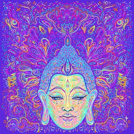 Ornate mandala patterned face of Lord Buddha. Esoteric vintage vector illustration. Indian, Buddhism, spiritual art. Hippie tattoo, spirituality, Thai god, yoga mat design.のイラスト素材